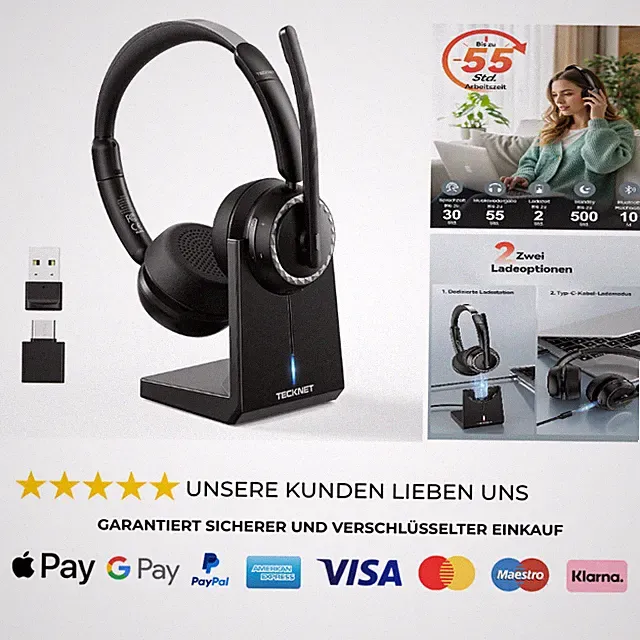 Bluetooth Headset mit Mikrofon 55 Std Akku Dual Mode