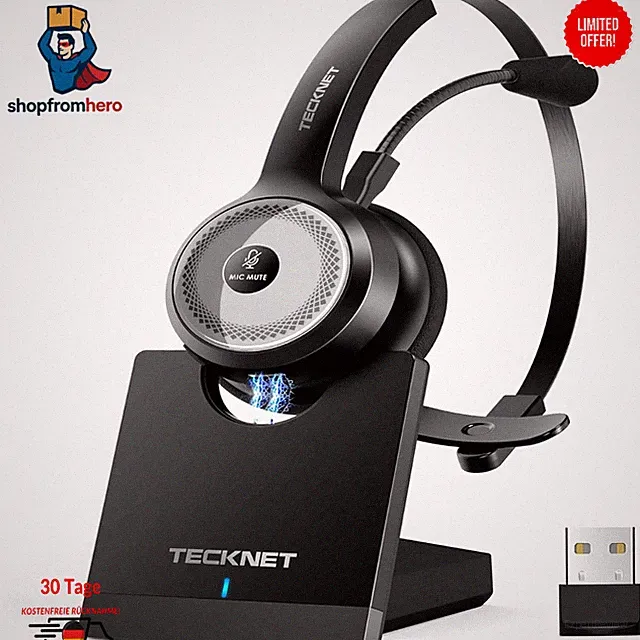 Bluetooth Headset TECKNET USB Dongle 45 Std Kopfhörer kabellos Mikrofon Büro PC