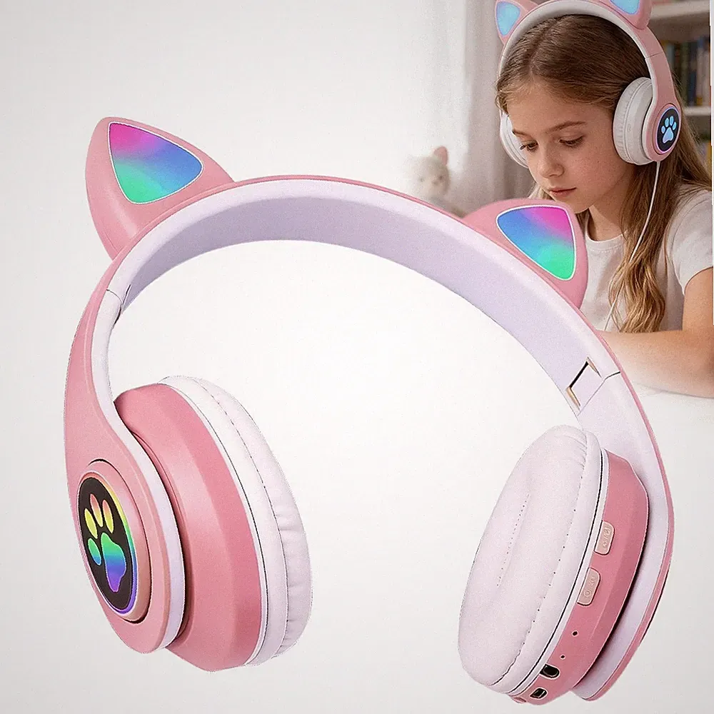 Bluetooth Katze Ohr Kopfhörer Gaming Headset Kopfhörer mit LED Licht für Kinder