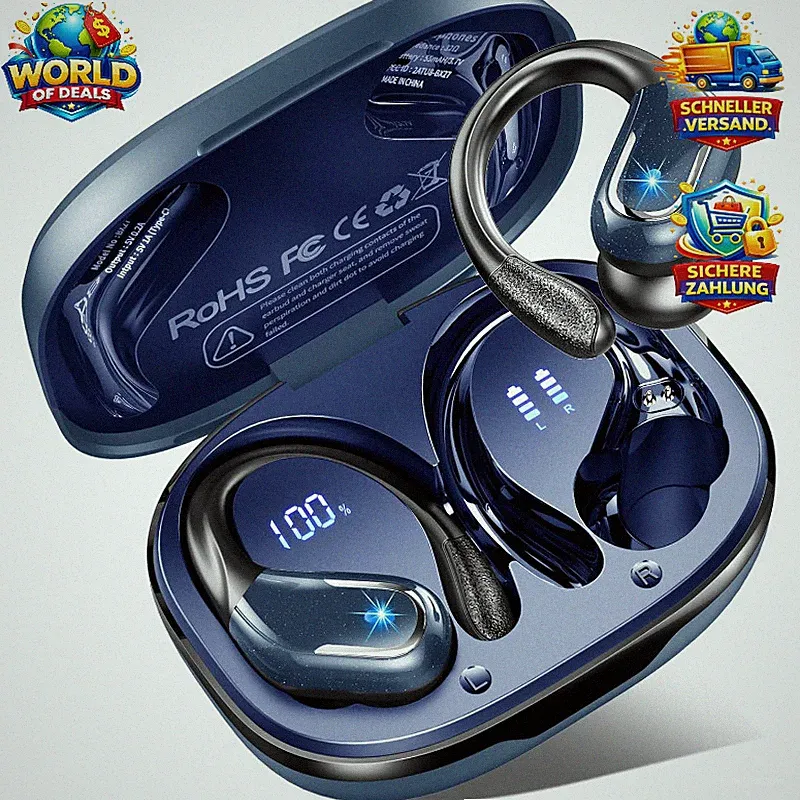 Bluetooth Kopfhörer 5.4 Kabellos HiFi Stereo IP7 Wasserdicht 75 Std mit Ohrhaken