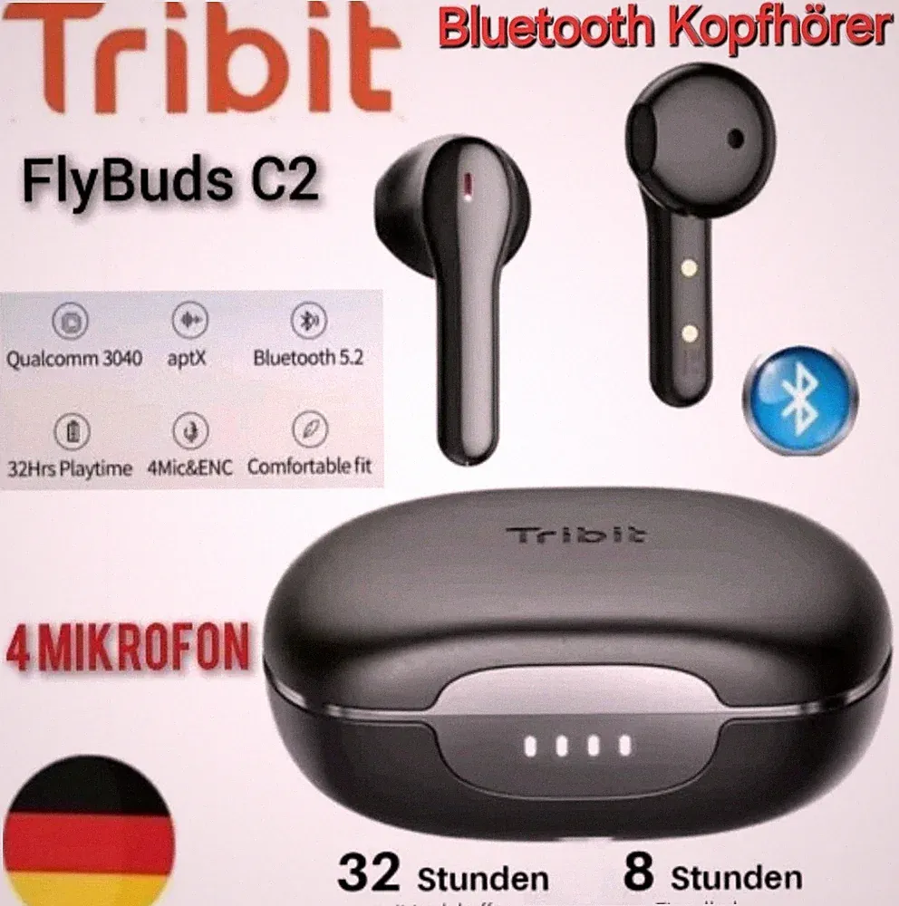 Bluetooth Kopfhörer In Ear Tribit Flybuds C2 mit 4Mikrofon 32H Spielzeit