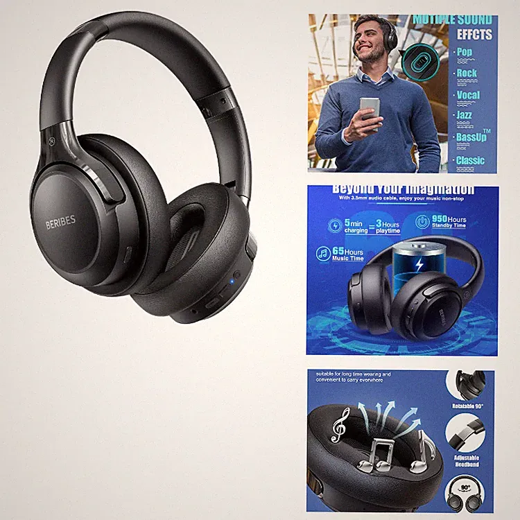 Bluetooth Kopfhörer Kabellos Over Ear 65h Akku 6 EQ-Modi 40mm Schwarz Mikrofon