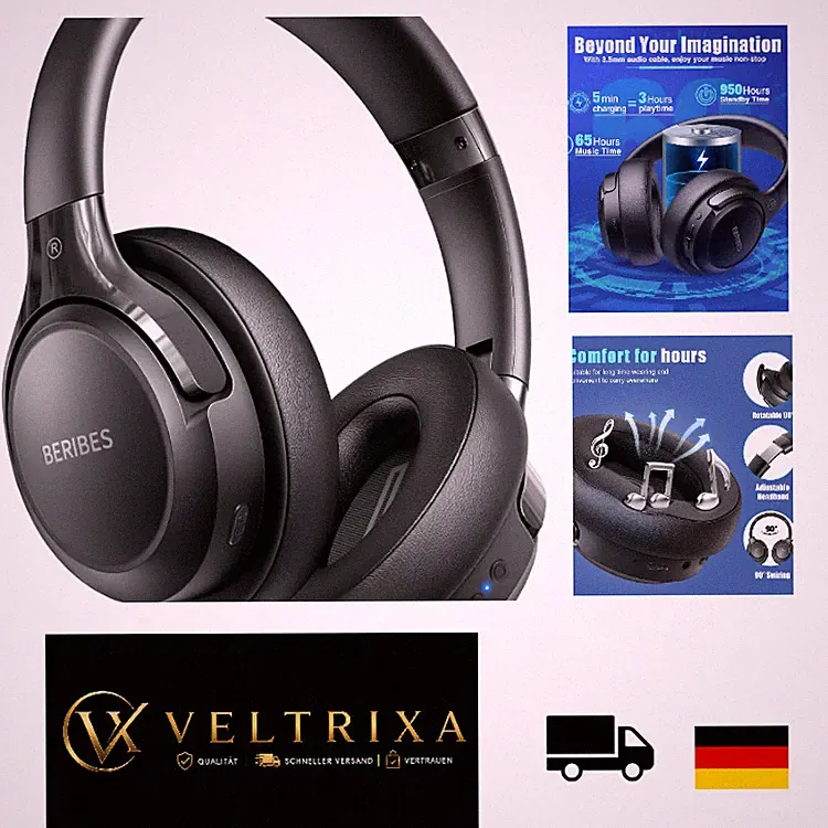 Bluetooth Kopfhörer Kabellos Over Ear Schwarz 65h Akku 6 EQ-Modi HD-Stereo Sound