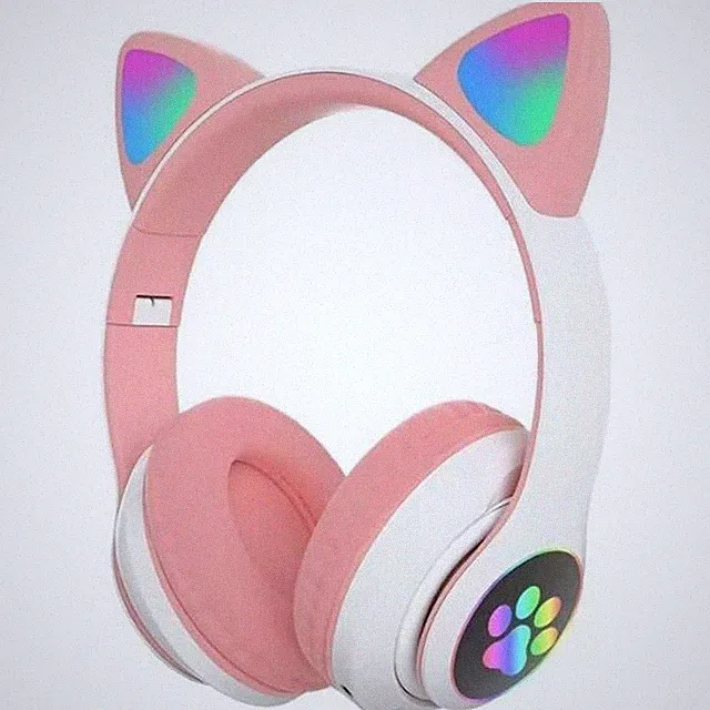 Bluetooth Kopfhörer Katzenohren Kabellos Stereo Kind Led Geschenk Weiß Rosa