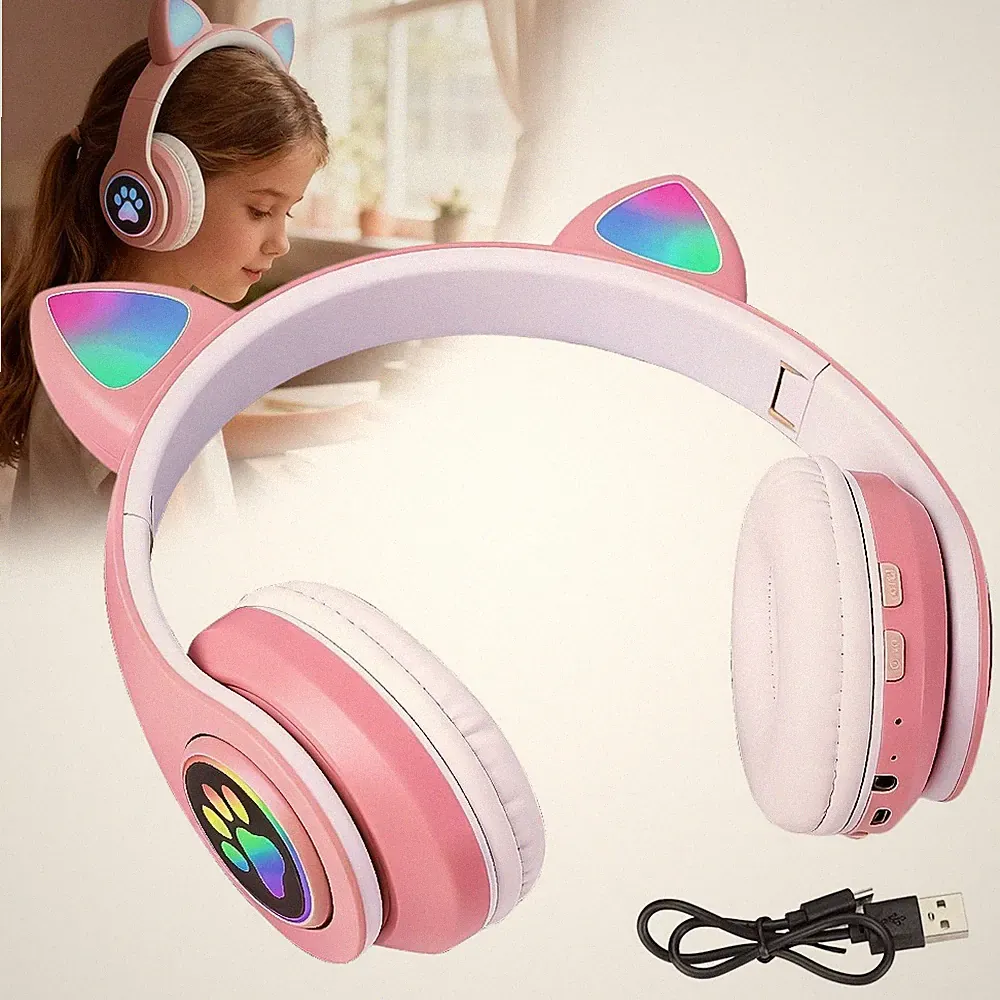 Bluetooth Kopfhörer Kinder,Faltbare LED Katzenohren Headset für Tablet/Handy/PC