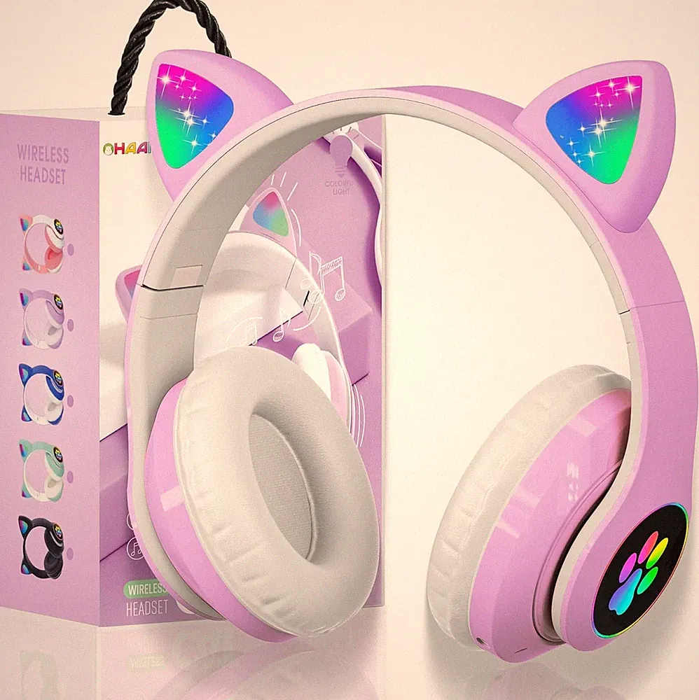 Bluetooth Kopfhörer Kinder Katzenohr mit LED Licht Faltbar Stereo Over-Ear