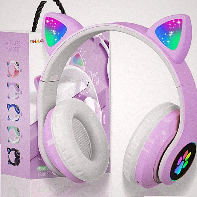 Bluetooth Kopfhoerer Kinder Katzenohr Over Ear mit LED Licht faltbar Lila Set