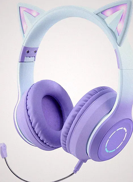 Bluetooth Kopfhörer Kinder Katzenohr RGB LED Lila Faltbar