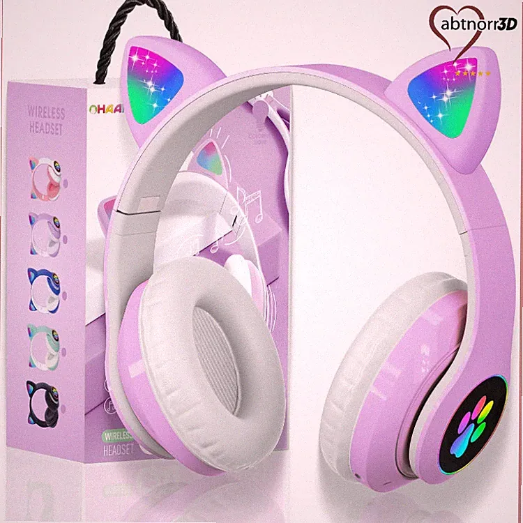 Bluetooth Kopfhörer Kinder Katzenohr Stereo mit LED-Licht Faltbar Lila