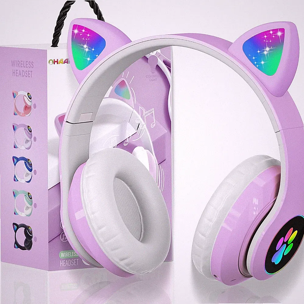 Bluetooth Kopfhörer Kinder Katzenohren Faltbar mit LED Licht für Tablet Handy PC