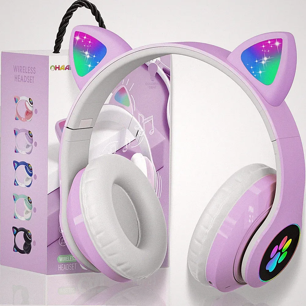 Bluetooth Kopfhörer Kinder Over-Ear mit Katzenohren und LED-Licht, Lila