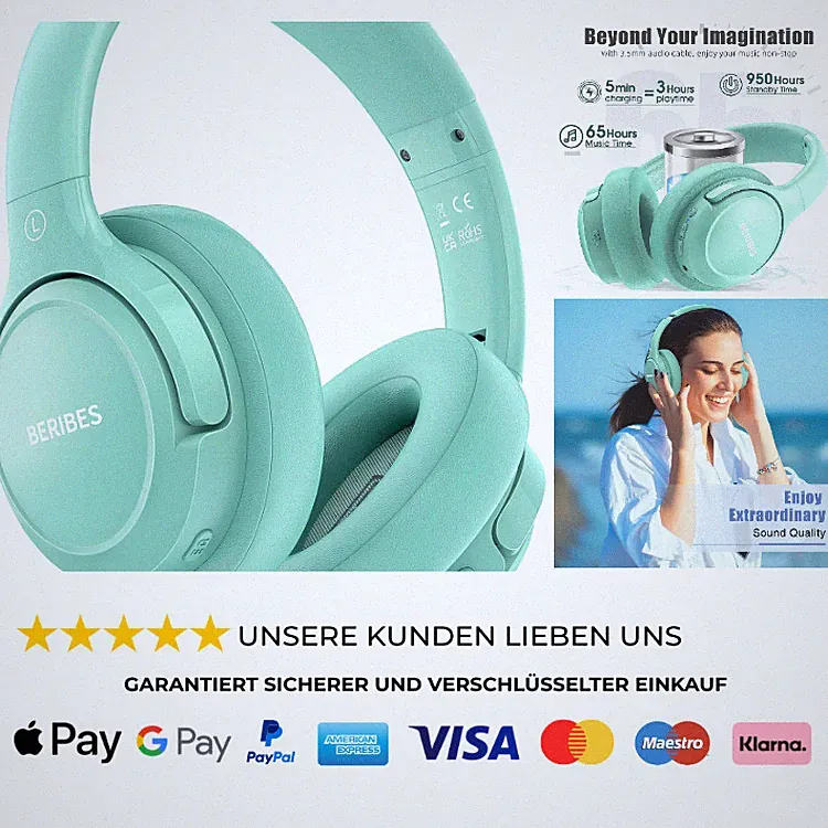 Bluetooth Kopfhörer Over Ear 65 Std 6 EQ-Modi HiFi Stereo Faltbar