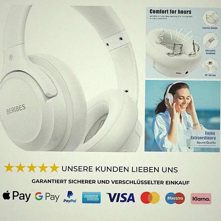 Bluetooth Kopfhörer Over Ear 65 Std 6 EQ-Modi HiFi Stereo Faltbar We