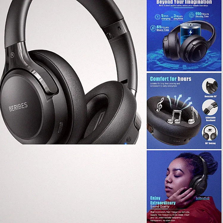 Bluetooth Kopfhörer Over Ear mit 65h Akku, 6 EQ-Modi, Schwarz, für Musik Reisen