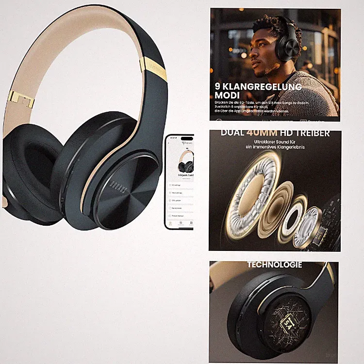 Bluetooth Kopfhörer Over Ear mit App-Steuerung, Shadow Grey, 90 Std. Akku, HiFi