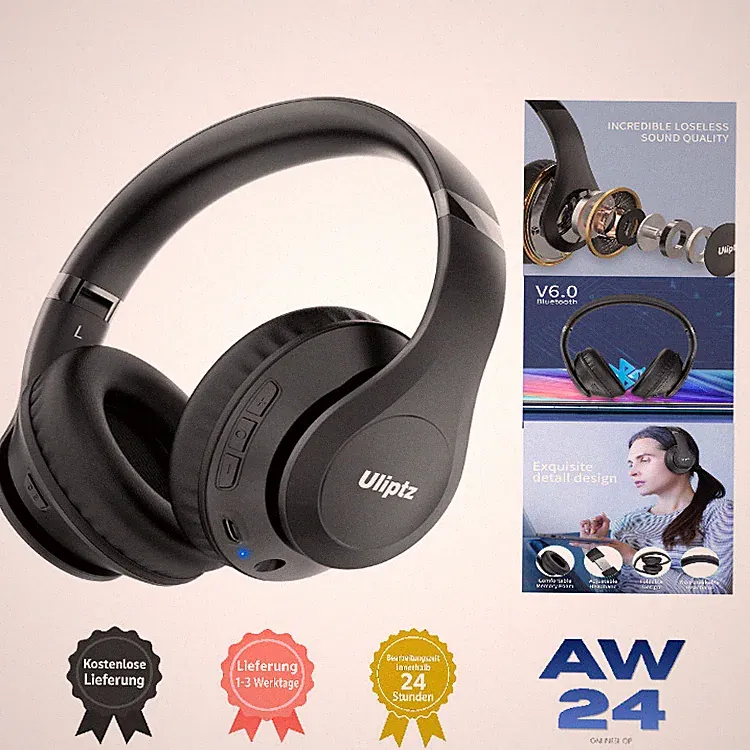Bluetooth Kopfhörer Over Ear schwarz, 65 Stunden Spielzeit, 6 EQ-Modi, kabellos