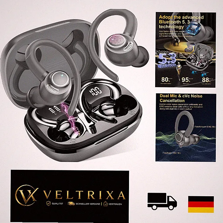 Bluetooth Kopfhörer Sport Grau, Kabellos In Ear mit 8 Std Akku, Bluetooth 5.4