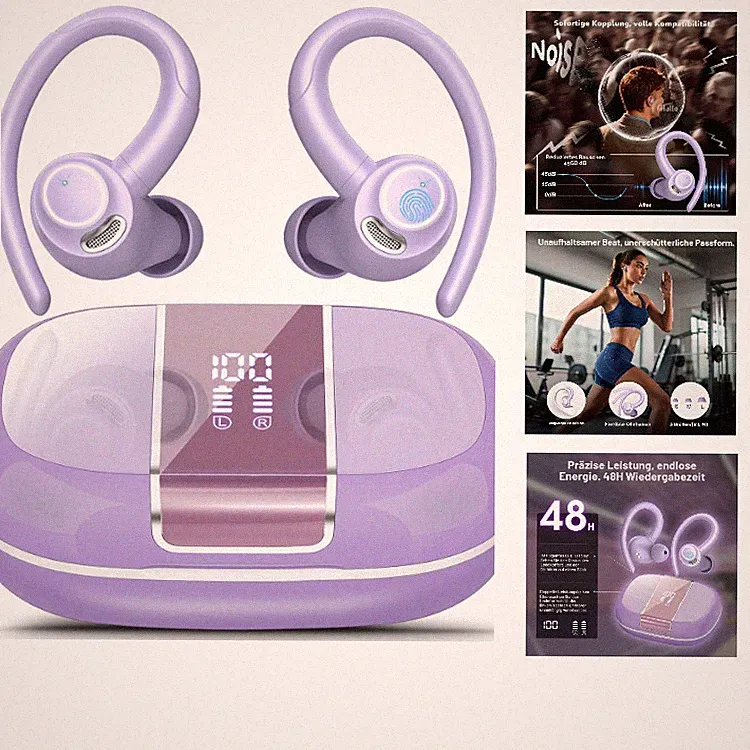 Bluetooth Kopfhörer Sport In Ear Kabellos 5.3 mit Ohrbügel Lila 48h Akku, Touch