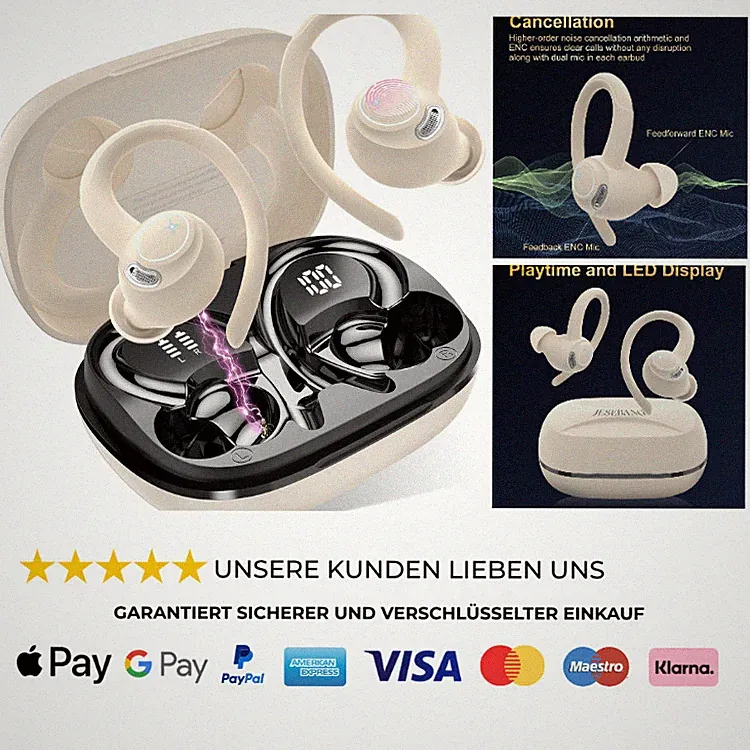 Bluetooth Kopfhörer Sport, IP7 Wasserdicht, 40 Std Spielzeit, Dual LED-Anze