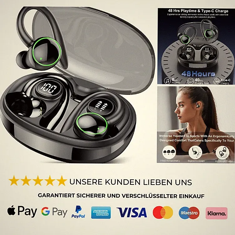 Bluetooth Kopfhörer Sport IP7 Wasserdicht 48 Std Spielzeit Dual LED Anzeige