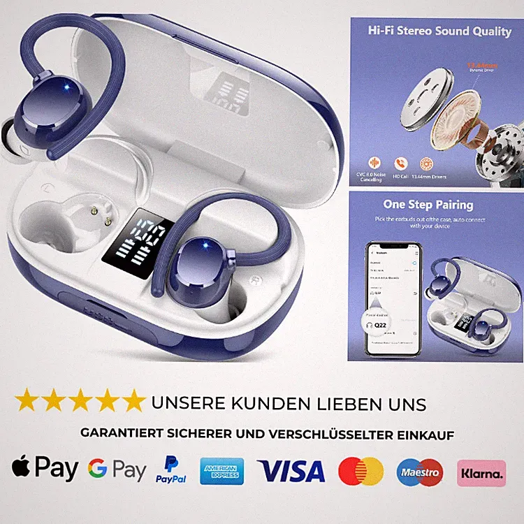 Bluetooth Kopfhörer Sport Wasserdicht 128Std Akkulaufzeit LED