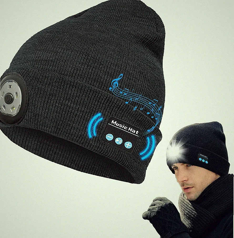 Bluetooth Mütze Strick mit LED Licht Musik Kopfhörer Lautsprecher Laufmütze