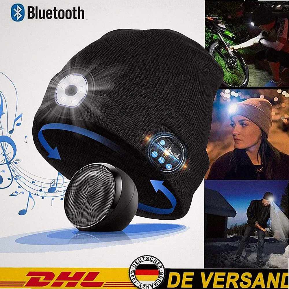 Bluetooth Mütze Strick mit LED Licht Musik Kopfhörer Lautsprechern Laufmütze