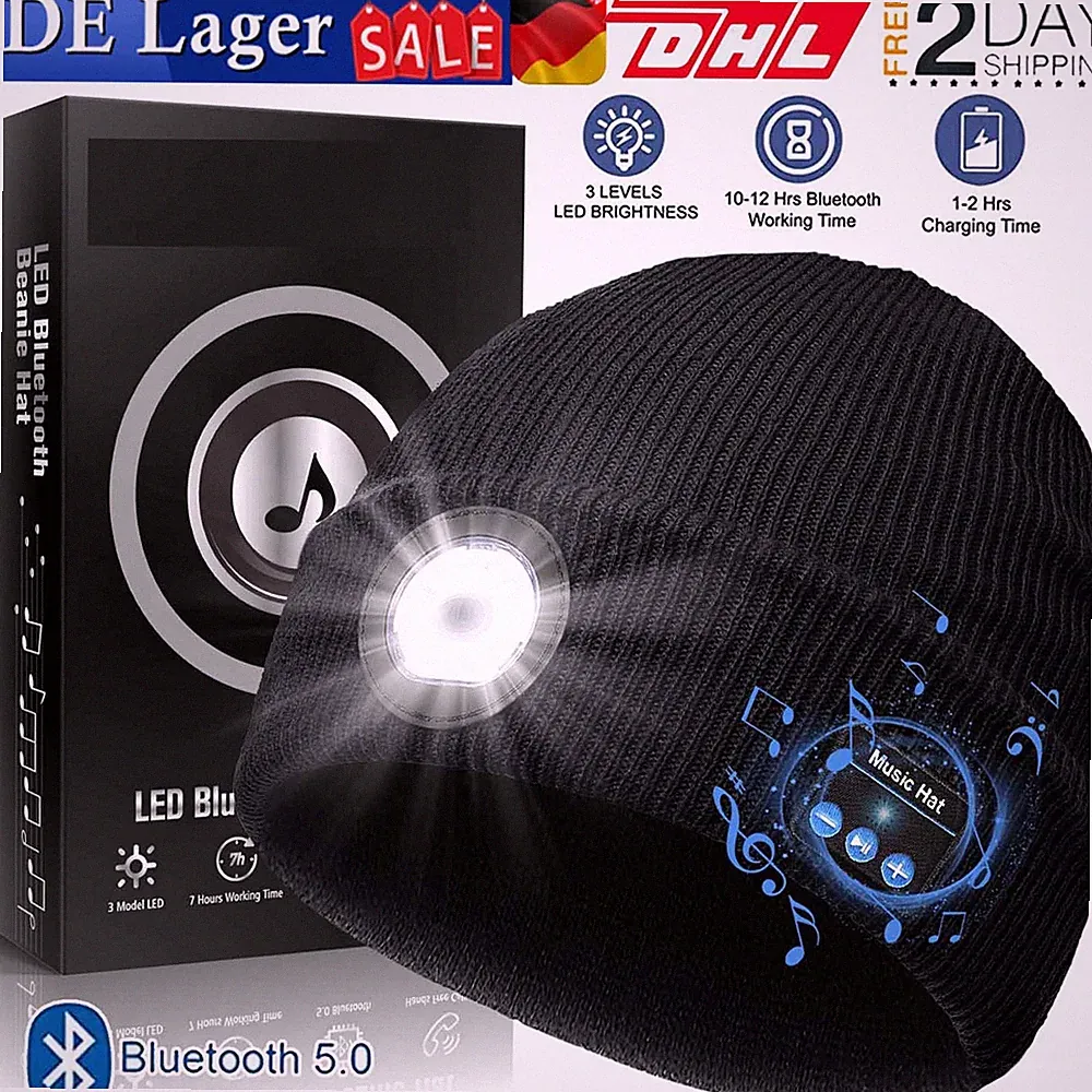 Bluetooth Mütze Strick mit LED Licht Musik Kopfhörer Lautsprechern Laufmütze DE