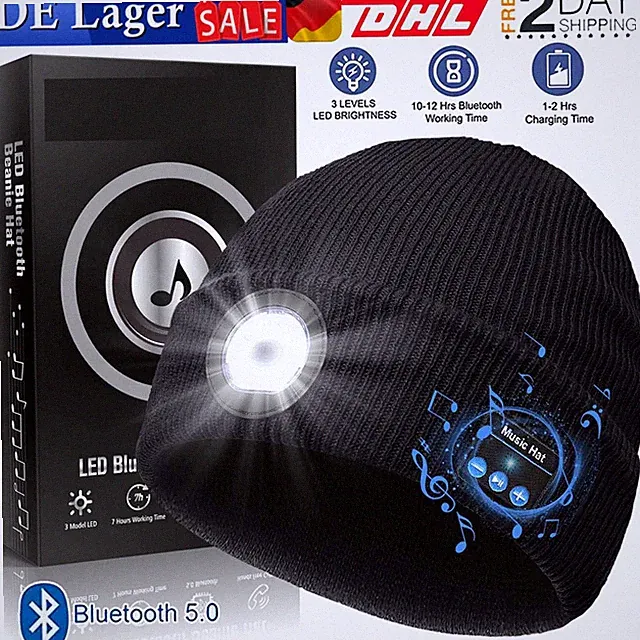 Bluetooth Mütze Strick mit LED Licht Musik Kopfhörer Lautsprechern Laufmütze DE