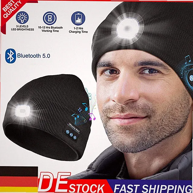 Bluetooth Mütze Strick mit LED Licht Musik Kopfhörer Lautsprechern Laufmütze NEU