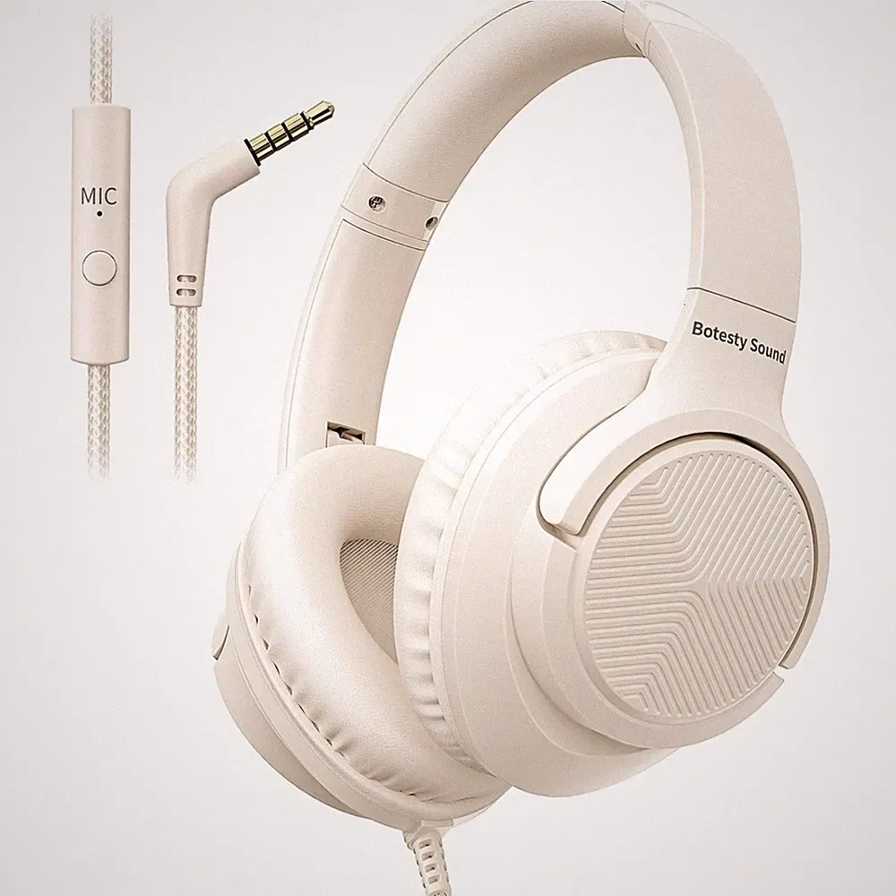 Botesty Kabelgebundene Over-Ear Kopfhörer mit Mikrofon – Beige, Faltbar & Leicht