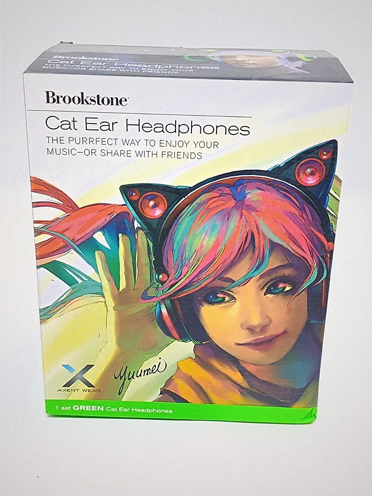 Brookstone Cat Ear Kopfhörer Grün LED Katzenohren 3,5mm USB Gaming Headset_1,2_5