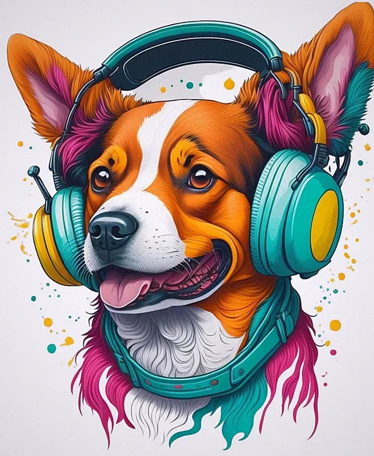 Bügelbild Hund 02 mit Kopfhörer Tier Zoo Aufbügelbild Jungs Mädchen Textilien