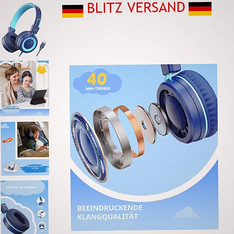 Bywulanda Kinder Kopfhörer Typ C Faltbare On-Ear Kopfhörer 94 dB Blau für Schule