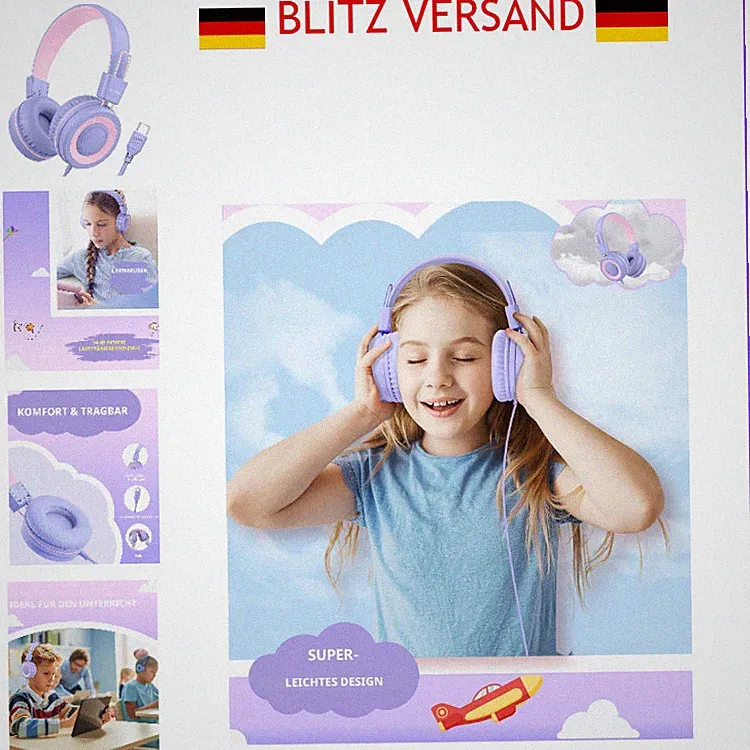 Bywulanda USB-C Kinder Kopfhörer 94 dB Lautstärkebegrenzung Faltbar Violett