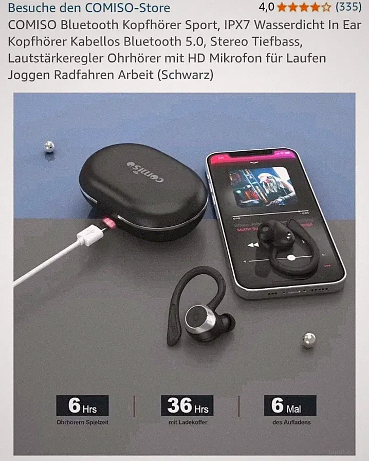 ⚡ Comiso Bluetooth Sport Kopfhörer IPX7 Wasserdicht, InEar, BT 5.0, Tiefbass ✅
