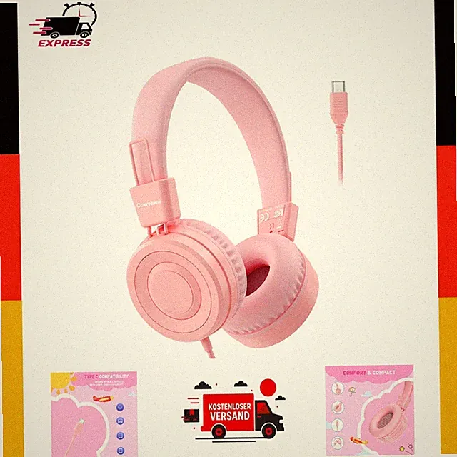 Cowyawn USB-C Kinderkopfhörer Schule 94dB Lautstärkebegrenzung Rosa