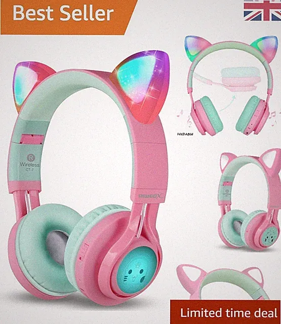 CT-7 Bluetooth 5.0 Kopfhörer mit leuchtenden Katzenohren - Spaß & Komfortabel