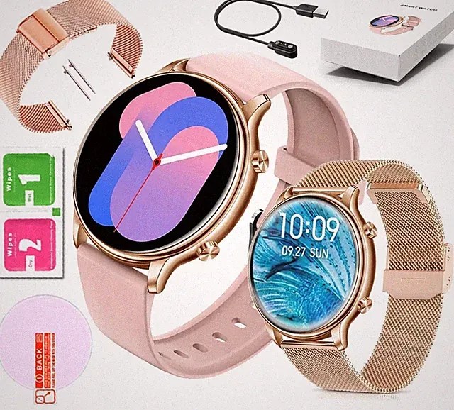Damen-Smartwatch Gold mit Bluetooth-Telefonie, Puls-, Blutdruck-, Temperatur- un