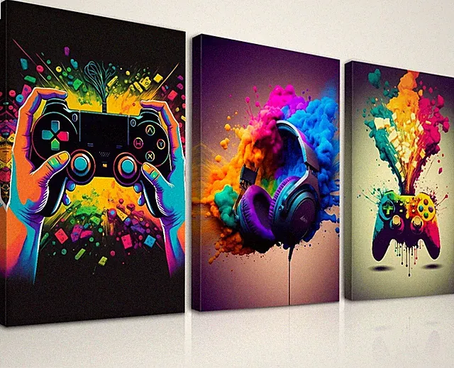 Dazzlewall 3Pcs Gerahmte Gaming Wandkunst Bunte Kopfhörer Gamepad Bilder