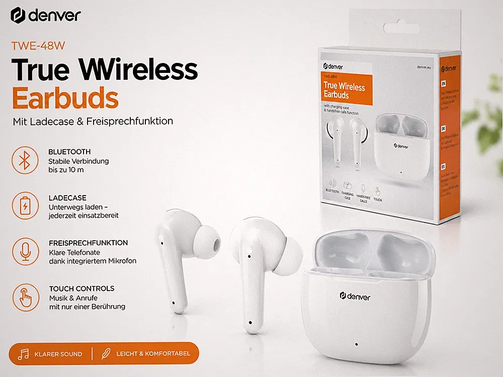 Denver TWE-48W Earbud Touch White Kopfhörer kabellos In-Ear Bluetooth USB-C