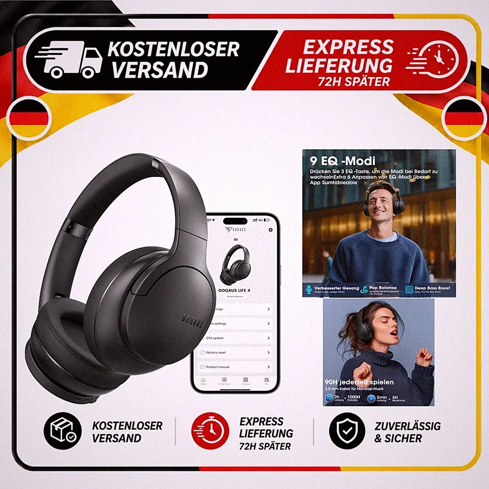 DOQAUS Bluetooth Kopfhörer Over-Ear mit App-Steuerung 90 Std Akku Schwarz