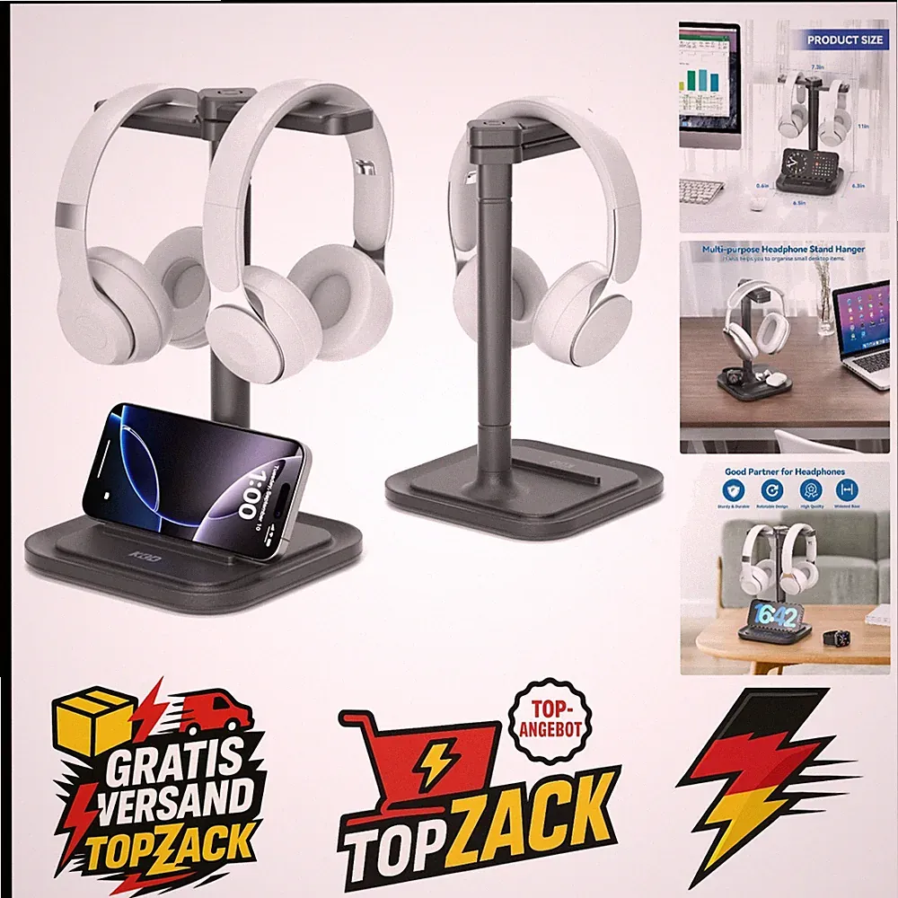 Dual Headset Halterung Schreibtisch drehbar Kopfhörer Ständer mit Handyhalter