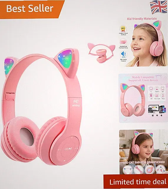 Dynamic Sound Kinder Kopfhörer mit Katzenohren und LED-Leuchten - Kabellos, Pink