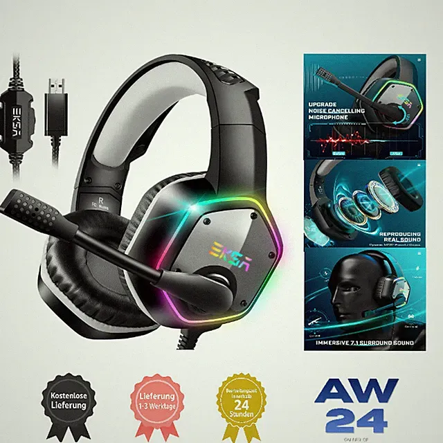E1000 Gaming Headset USB mit Mikrofon, RGB Beleuchtung, 50mm Lautsprecher, Grau