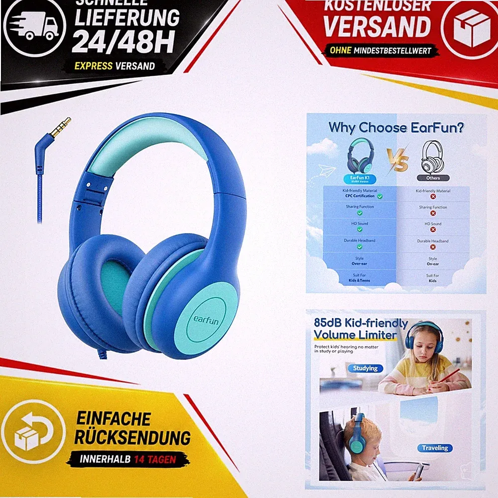 EarFun K1 Kinder-Kopfhörer 3,5 mm Kabel Lautstärkebegrenzung Blau Grün