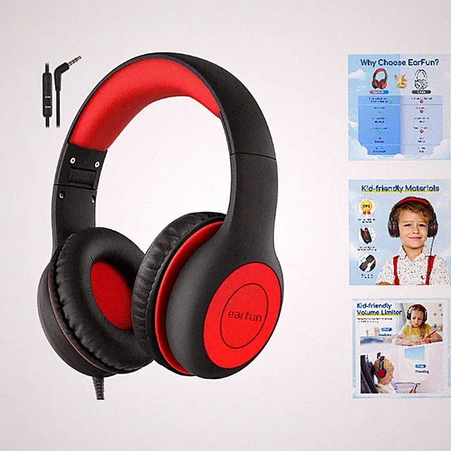 EarFun K1 Kinder Kopfhörer mit 3,5 mm Kabel, Lautstärkebegrenzung, Schwarz-Rot