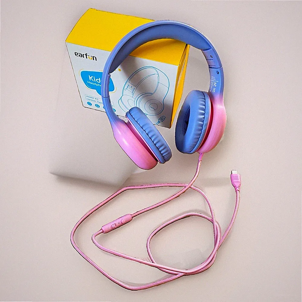 EarFun Kids Headphones On-Ear Kopfhörer kabelgebunden USB-C faltbar Blau/Rosa