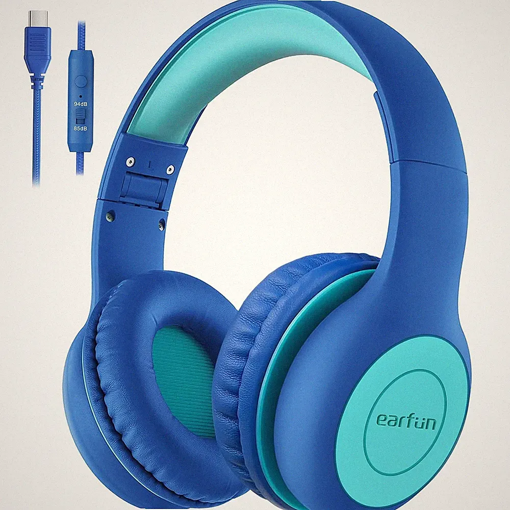 EarFun Kinder Kopfhörer mit USB C Kabel, Lautstärkebegrenzung, Blau