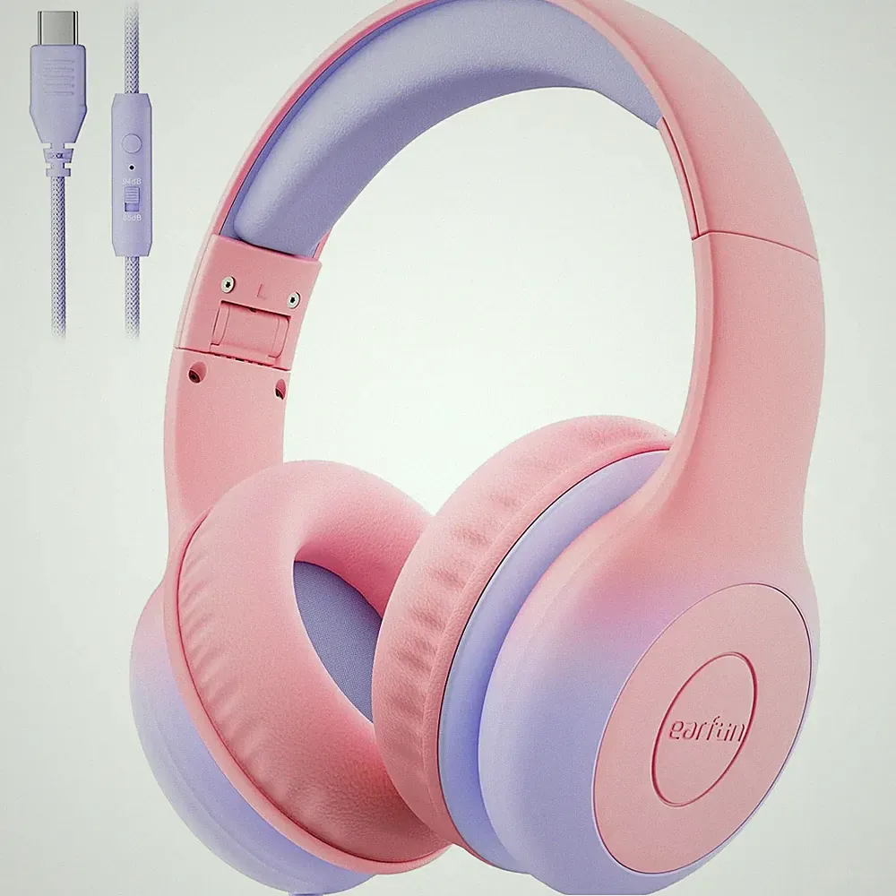 EarFun Kinder Kopfhörer mit USB C Kabel, Lautstärkebegrenzung, Rosa
